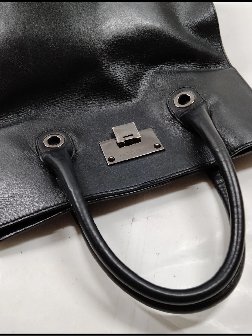 Jimmy Choo Black Leather Top-Handle Tote with Silver Hardware - Picture 6 of 9